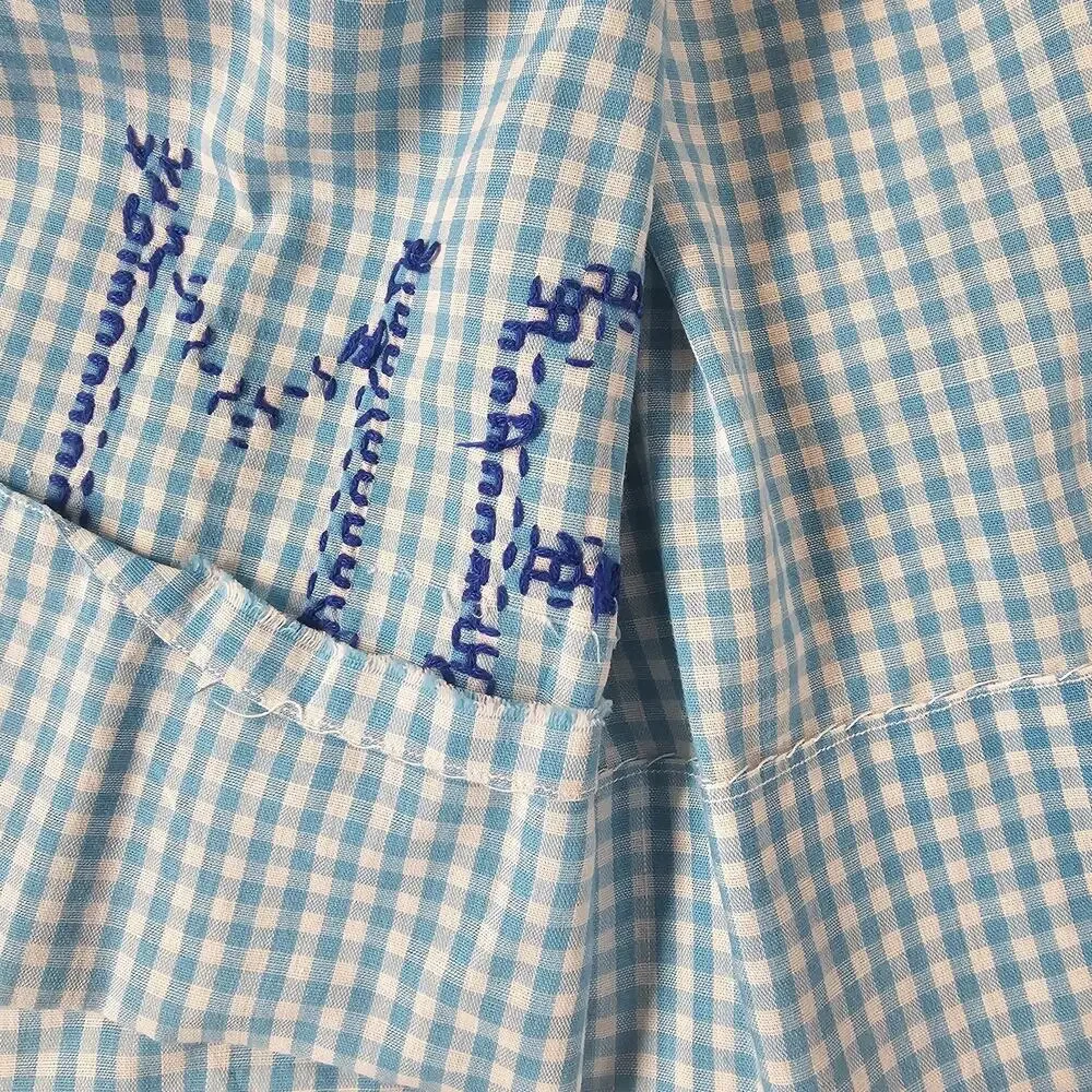 Vtg 50s Half Apron Gingham Plaid Blue Embroidered AM Cross Stitch Cottagecore